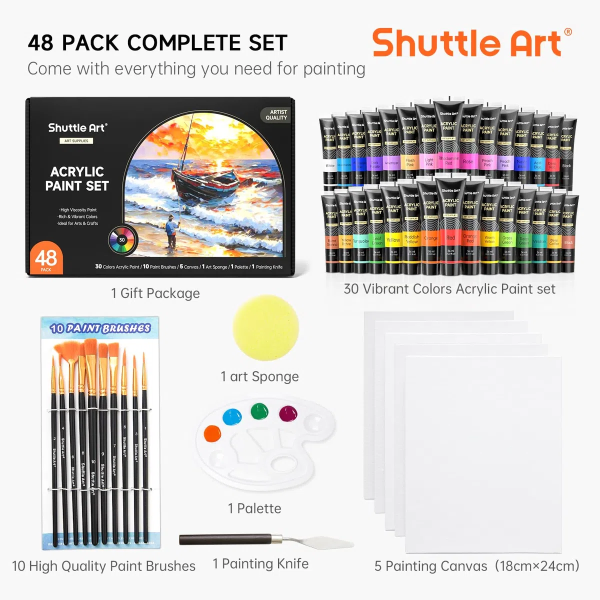 Shuttle Art Colori Acrilici per Dipingere 48 Pezzi, Set Pittura da 30 Colori(36 ml) con 10 Pennelli, Spatola, Spugna, Tela, Tavolozza, Acrylic Paint per Artisti Principianti Bambini, Non-Tossico