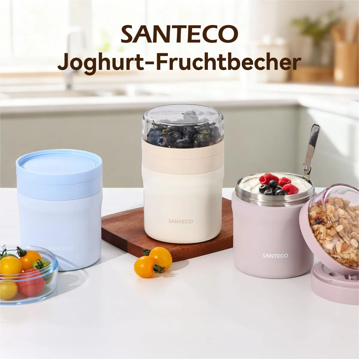 SANTECO Tazza per cereali to go, 500 ml + 220 ml, contenitore termico per cibo con cucchiaio, mantiene caldo 12 ore, lavabile in lavastoviglie, senza BPA, pratica tazza per yogurt, per lavoro, scuola