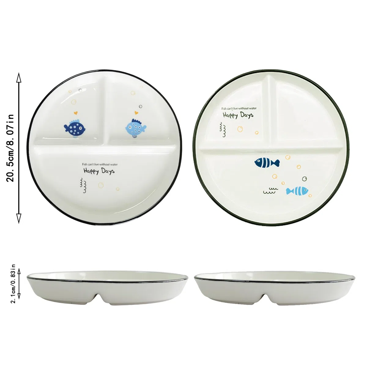 2 Pezzi Piatti da pranzo Ceramica, Piatti Divisi In Ceramica, Piatti Snack Con Scomparti, Per Pasti Divisi, Feste, Snack, Insalate, Dessert (Motivo Pesce)