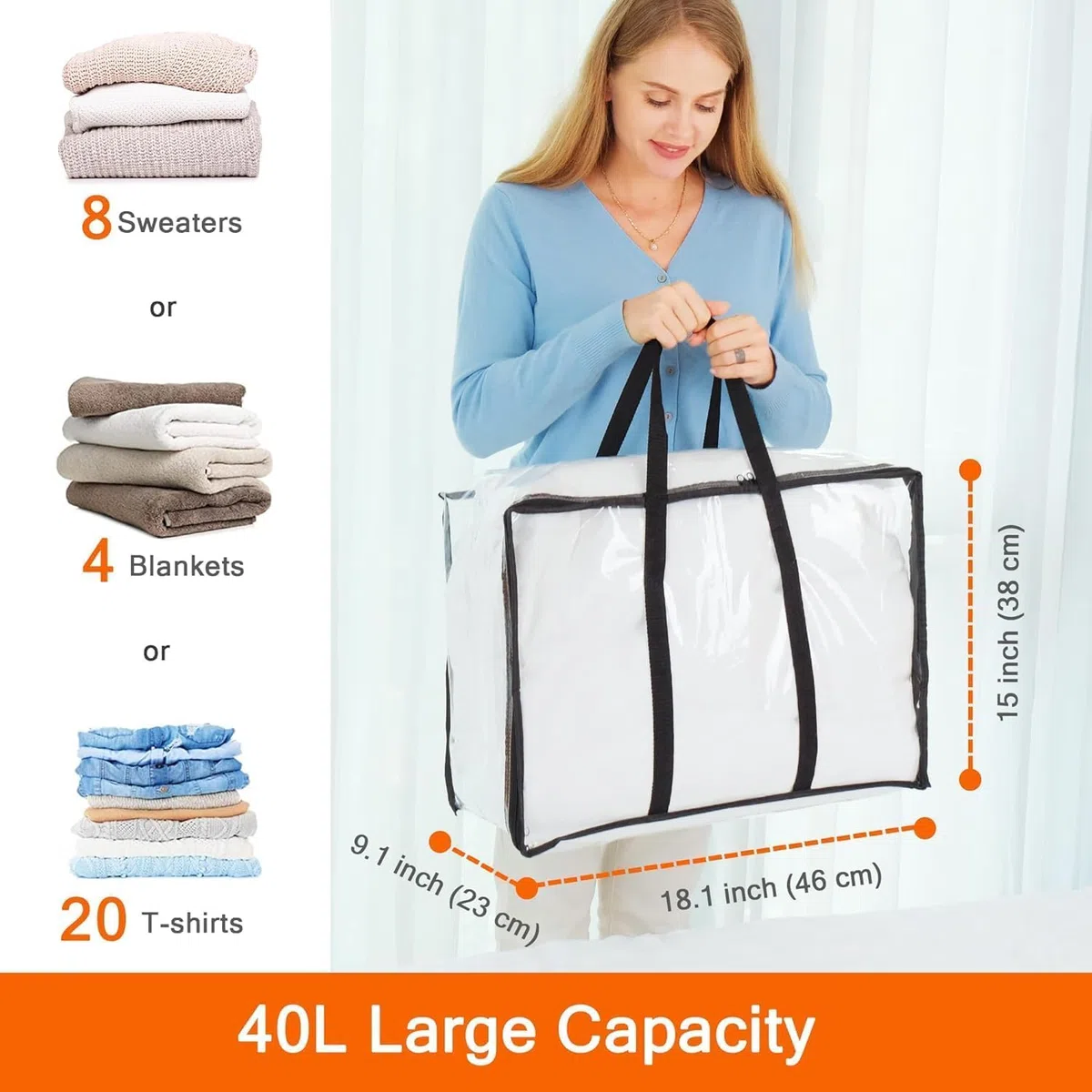 5 Paquetes Claro Bolsas para Guardar Ropa con Asa Reforzada 46 x 38 x 23cm Organizador de Vinilo para Edredón Manta de Edredón Bolsas Móviles Transparentes con Cremallera Resistente