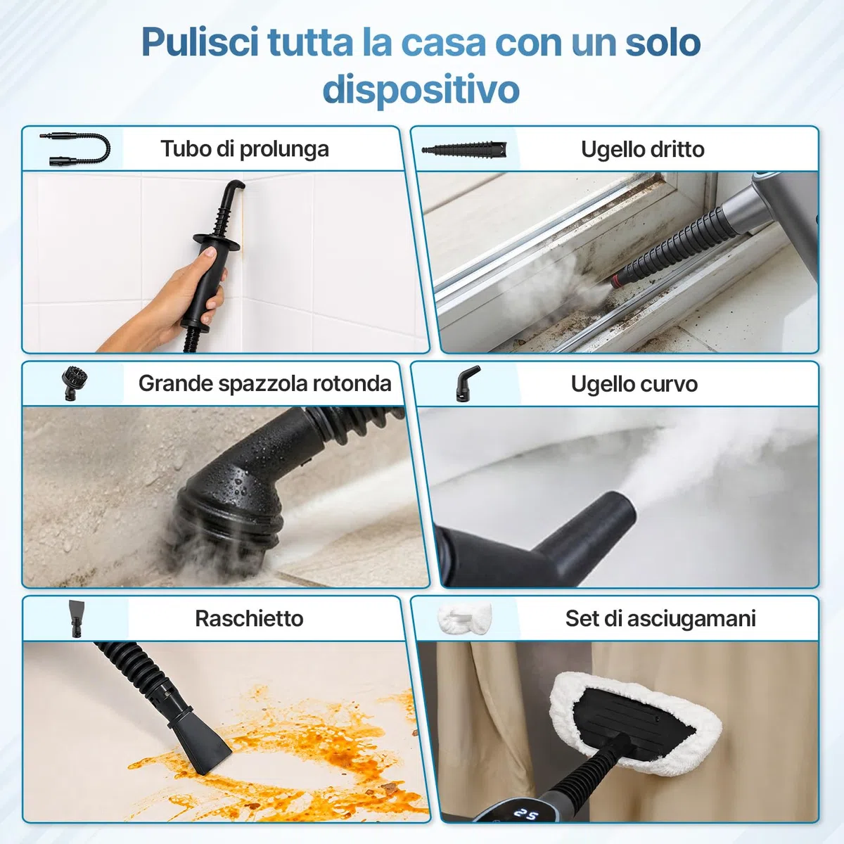 Olvy Pulitore a vapore manuale 1200 W Pentola portatile ad alta pressione con 3 livelli di vapore e set di accessori da 10 pezzi, serbatoio da 380 ml, per piastrelle di casa, mobili cucina e bagno