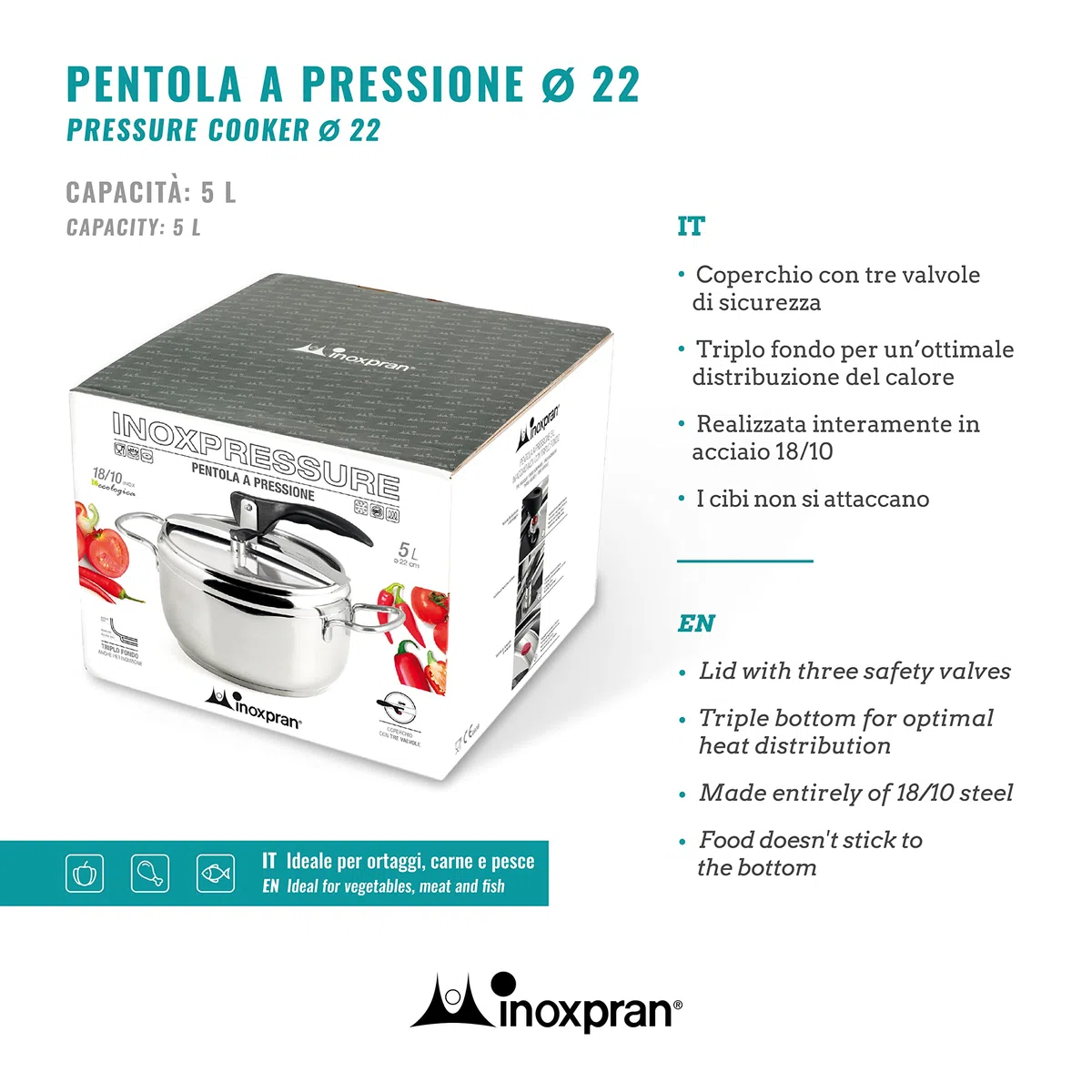 Pentola a Pressione, Acciaio Inox, Capienza 5 L, Triplo Fonto Adatto a Tutti i Piani di Cottura compreso l'Induzione, Cucina Rapida e Risparmio d'Energia, Lavabile in Lavastoviglie