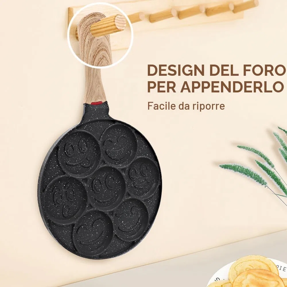 Padella Pancake Induzione Smile, Pancake Piastra Smiley Antiaderente 7 Fori Padella Frittata Piatto Colazione per Bambini 26 cm - Nero