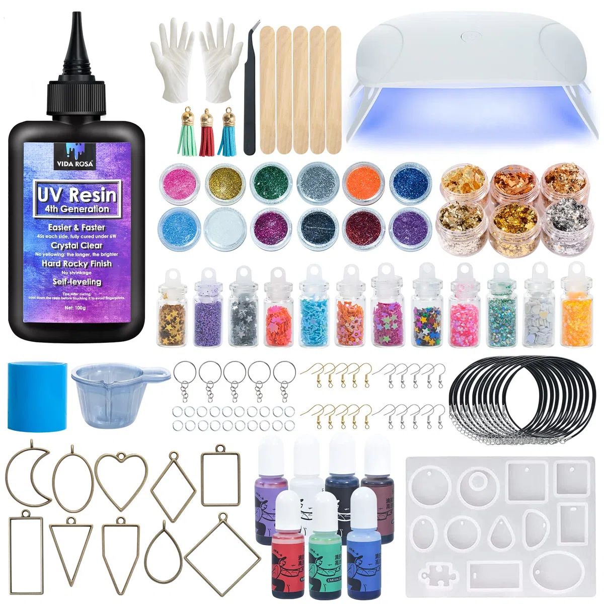 VidaRosa Kit in resina UV con luce, resina super cristallina dura, polimerizzazione solare, kit avviamento rapido per gioielli, doming, rivestimento e fusione, fai da te