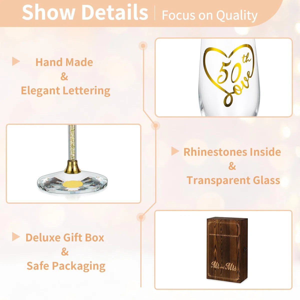 Nuptio 50 Anni Matrimonio Regalo: Set 2 Dorati Bicchieri Champagne con Scatola Legno Champagne Flute per Genitori Coppia Mamma Papà