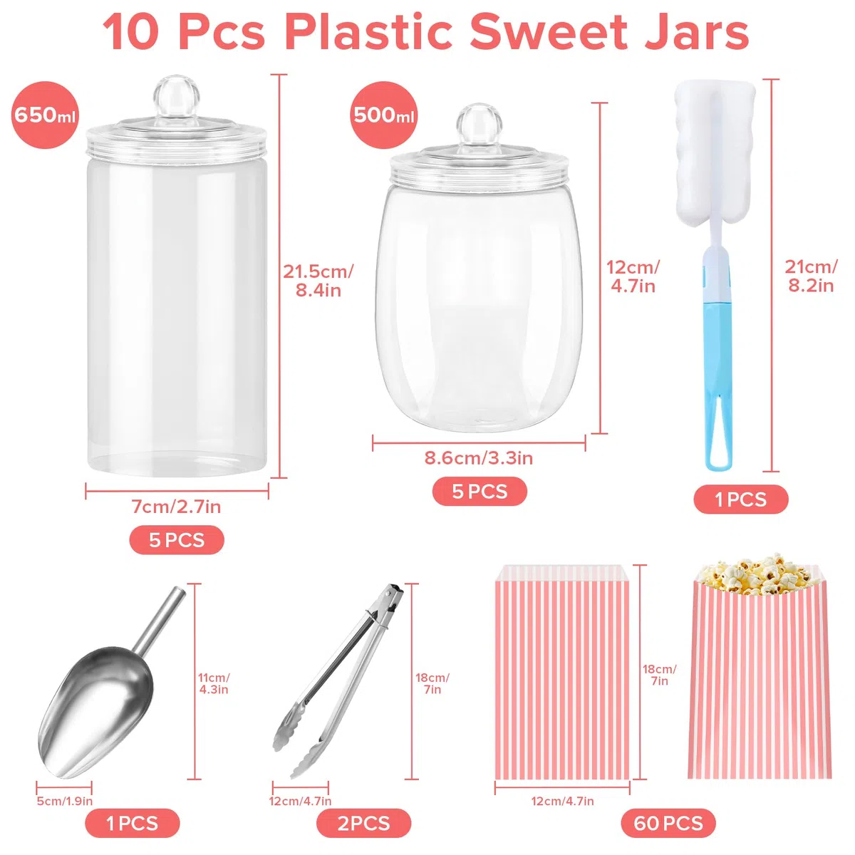 Mssushi 10 Barattoli di Caramelle con Coperchi, Barattoli di Vintage con 2 Pinze, 1 Spatola e 60 Sacchetti di Carta A righe, Set da Buffet di Caramelle per Feste, Compleanni, Celebrazioni