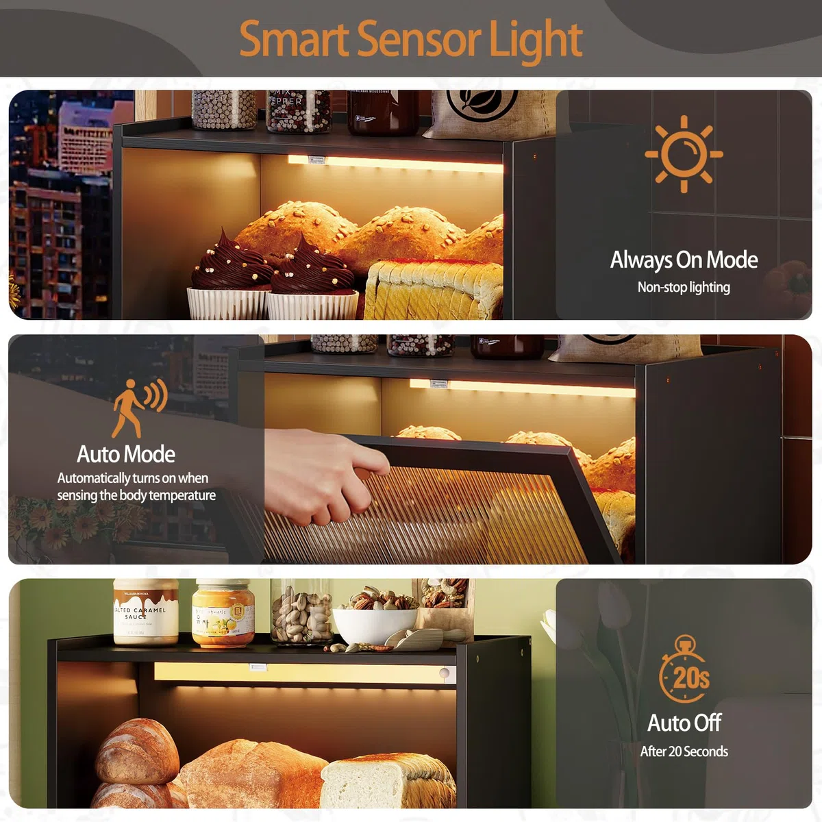 VEDECASA Contenitore per pane in bambù con illuminazione a LED, grande contenitore per il pane da cucina, per piano di lavoro con finestra, nero (nero, 1 ripiano)