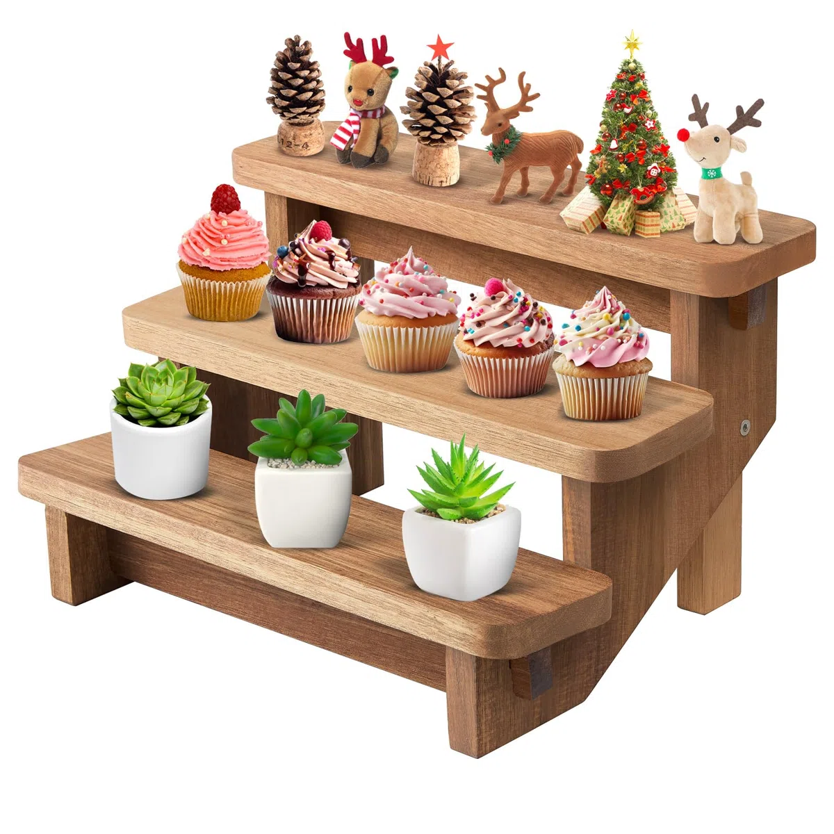 DUJUST alzatina per dolci per 12 Cupcake, porta torta a 3 livelli con superficie per alimenti, alzata per torta in legno di acacia per alimenti e giocattoli, facile da installare e trasportabile