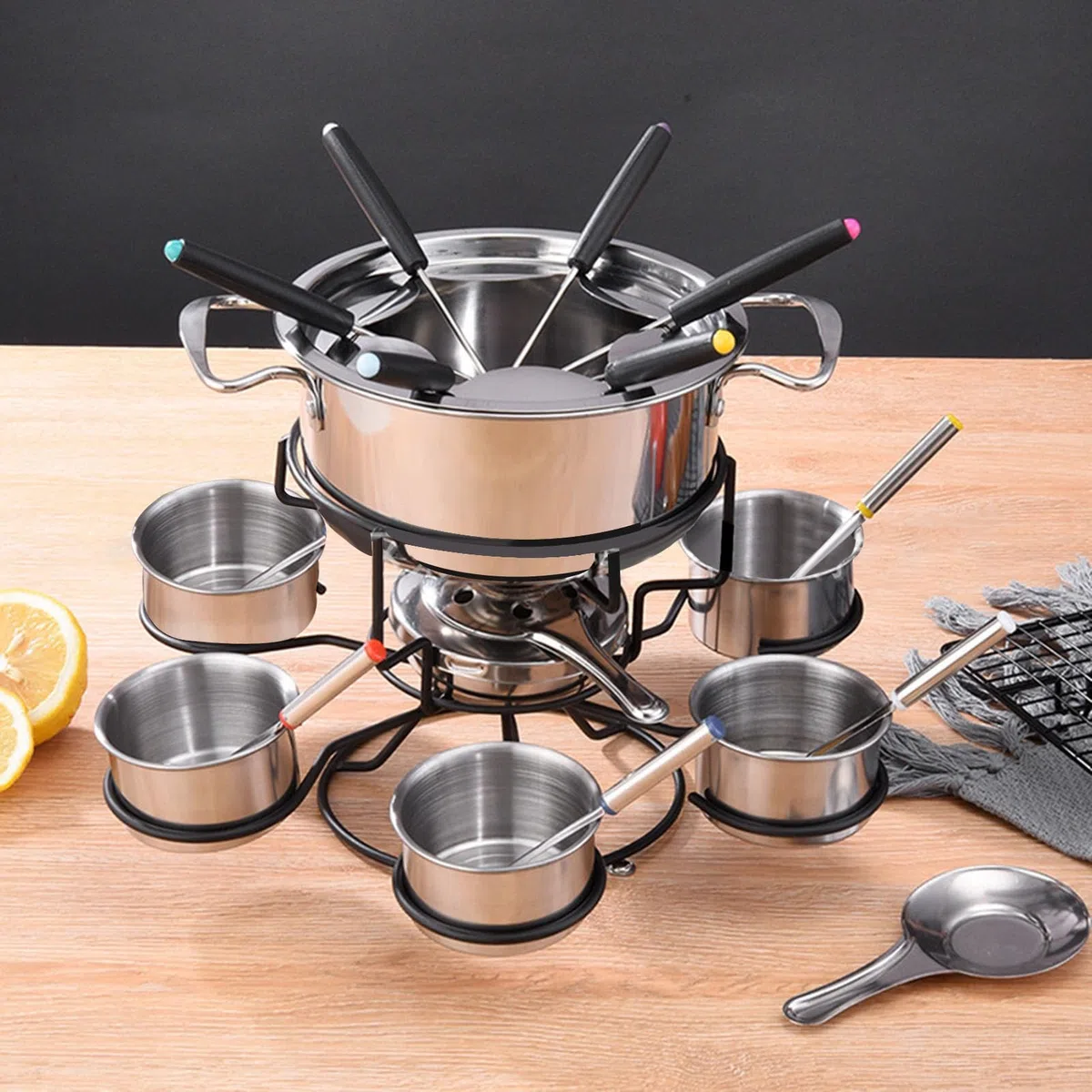 Set per fonduta di formaggio con base girevole - Pentola per fonduta con 6 forchette, 6 ciotole con pentola e spiedini | 21 pezzi di fonduta di formaggio in acciaio inox Pentola per fonduta di formagg