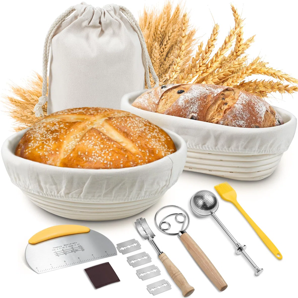 Cestino Lievitazione Pane, Sopito Cestino Pane (23cm Rotondo e 24,5cm Ovale), con Raschietto per Pasta, Frusta per Impasto, Ideale Set di Cestini Lievitazione Pane per Pane e Pasta Madre
