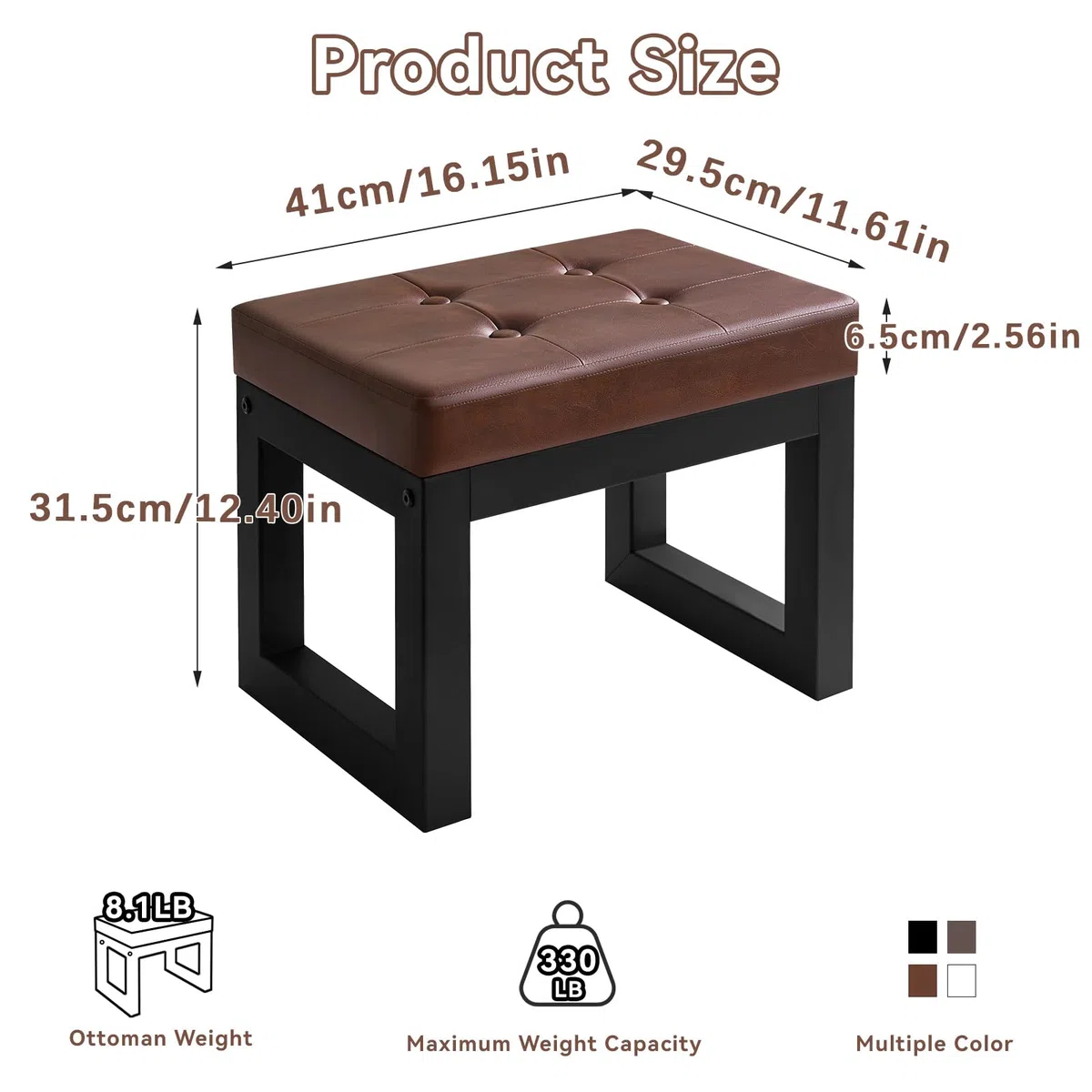 IBUYKE 16” Piccolo Poggiapiedi Ottomano, Sgabello Rettangolare in Pelle PU con Sedile Imbottito e Gambe in Metallo, Poggiapiedi Ottomano Moderno per Poltrona Camera da Letto Soggiorno, Nero WBD026B