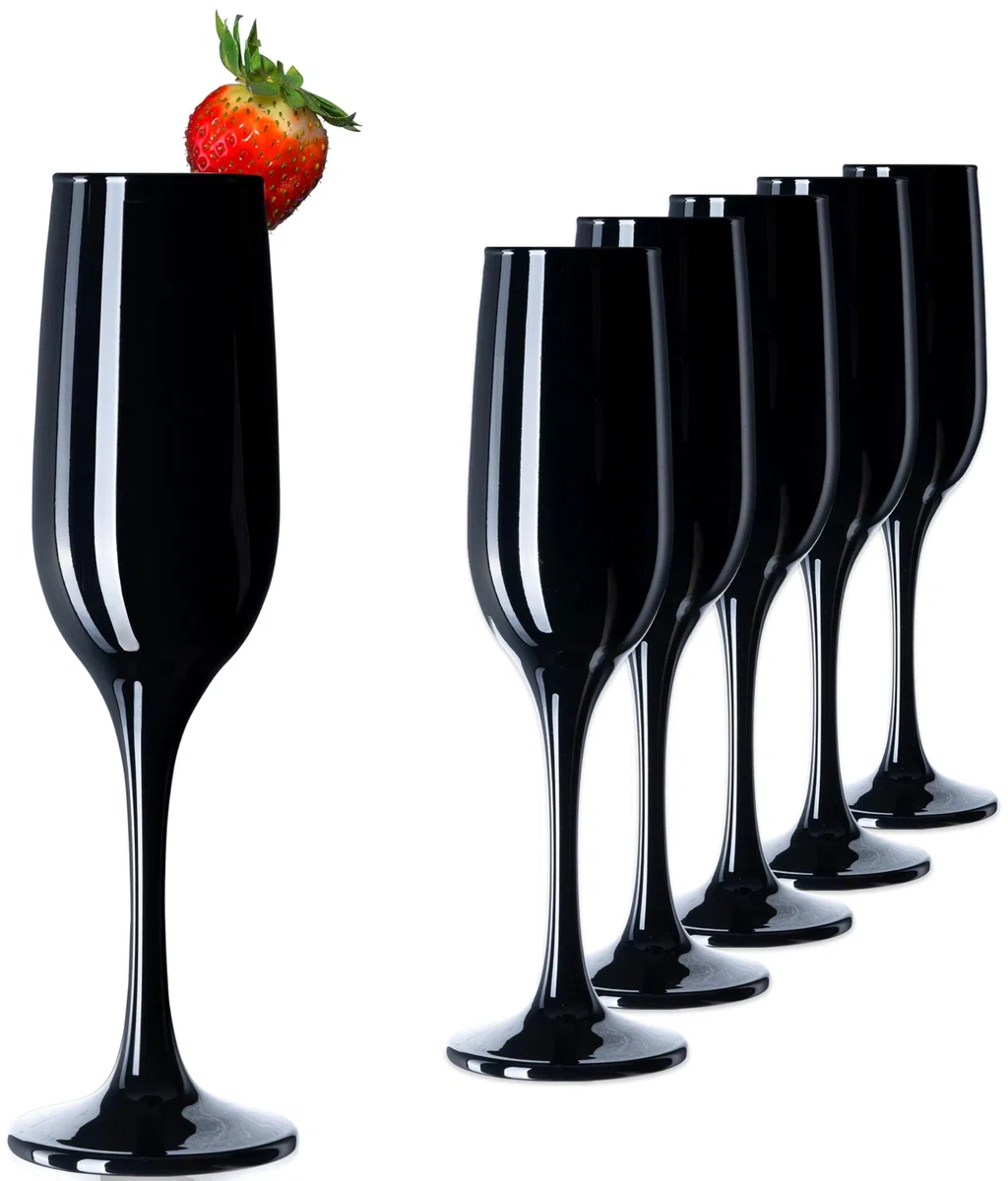 PLATINUX - Set di 6 bicchieri da spumante in vetro nero, design robusto, massimo 210 ml