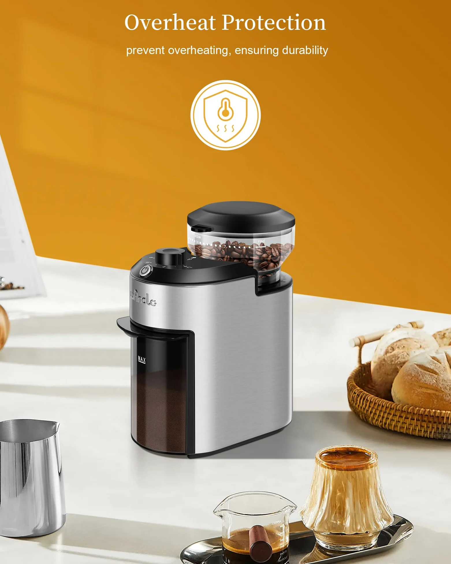 Macinacaffè a macine Wancle 200W con 28 impostazioni di macinatura, protezione dal surriscaldamento, capacità da 2 a 12 tazze, design compatto per una facile conservazione, Acciaio Inossidabile, 220V