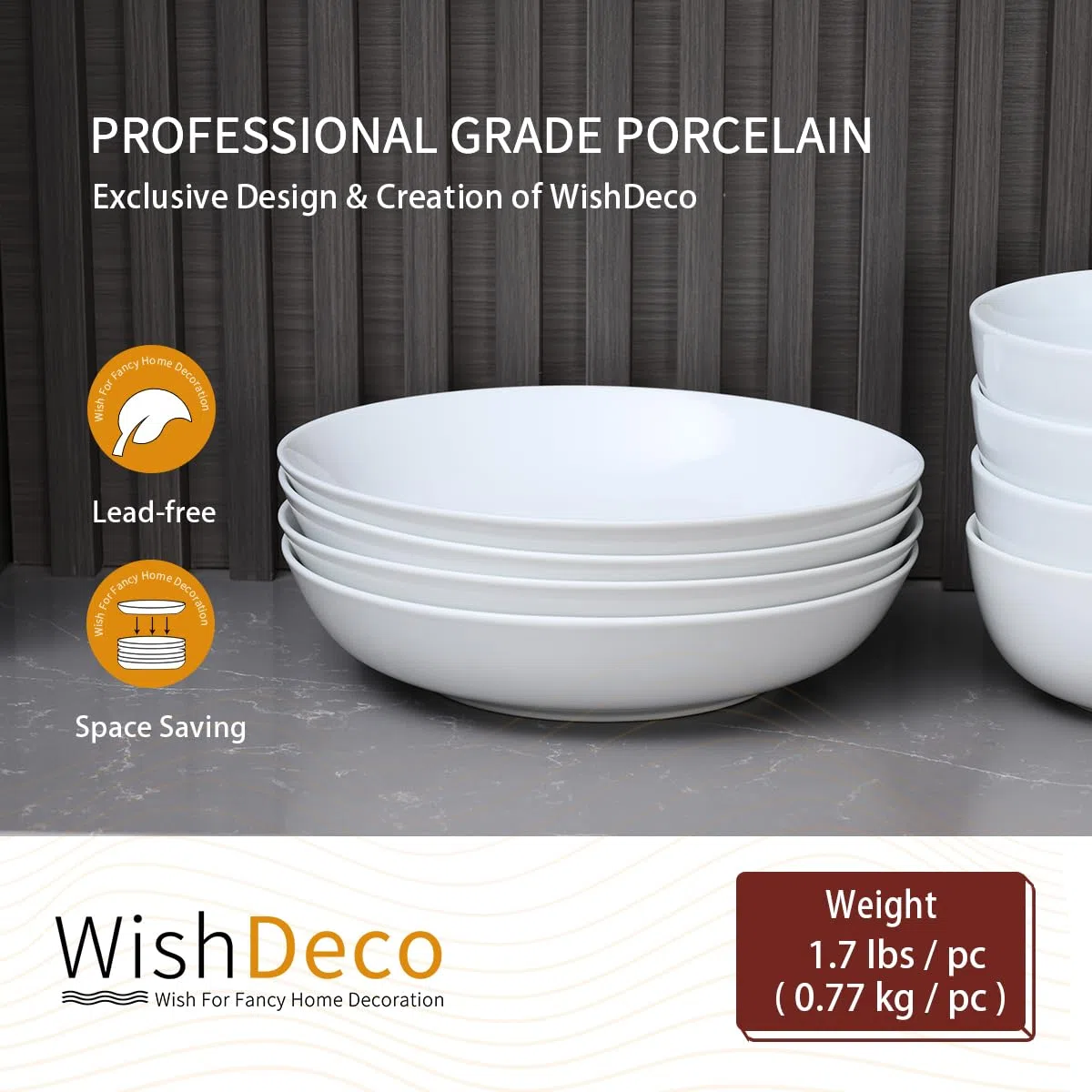 WishDeco Set di 4 Grandi Ciotole per Pasta, Insalatiera Porcellana 1100 ml, Piatti Fondi Bianche, Ciotola da Portata per Spaghetti, Ramen, Colazione, Zuppa