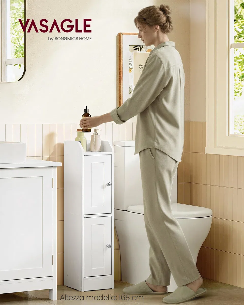 VASAGLE SIREN Collezione – Mobile da Bagno Stretto, Mobiletto da Pavimento Angolare, Porta Carta Igienica, Ripiani Regolabili, Ante da Aprire a Sinistra o a Destra, Bianco Nuvola BBK312WB02