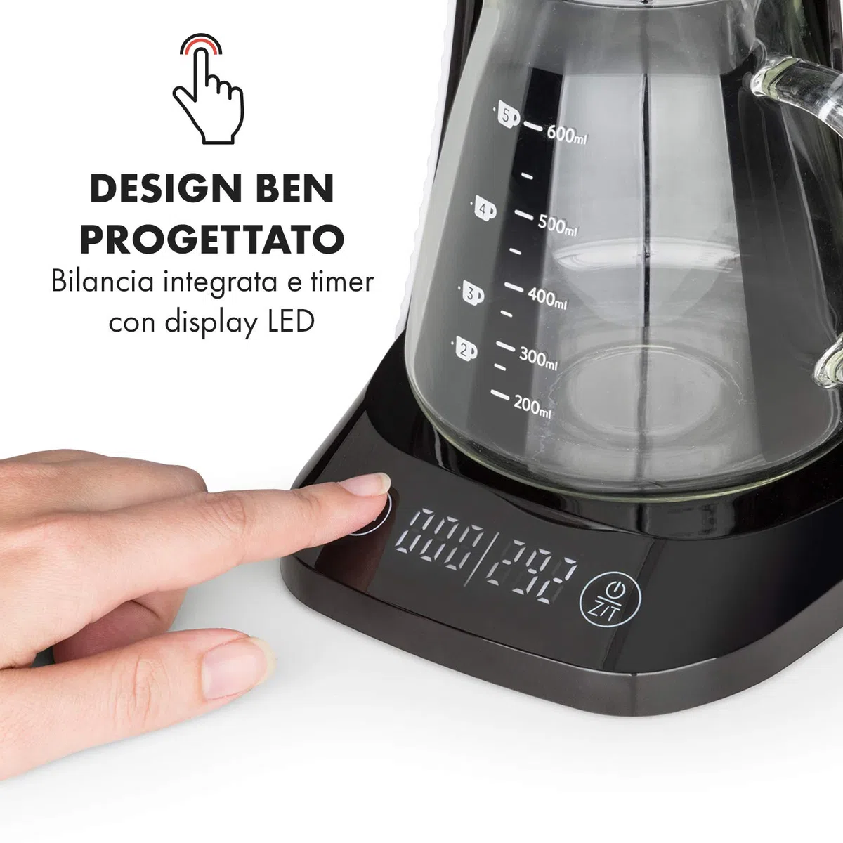 KLARSTEIN Craft Coffee - Caraffa per Caffè Artigianale, Pour Over, Caraffa in Vetro, Timer, Caffé Gourmet, Bilancia 600 ml, Display LED, Bianco/Nero