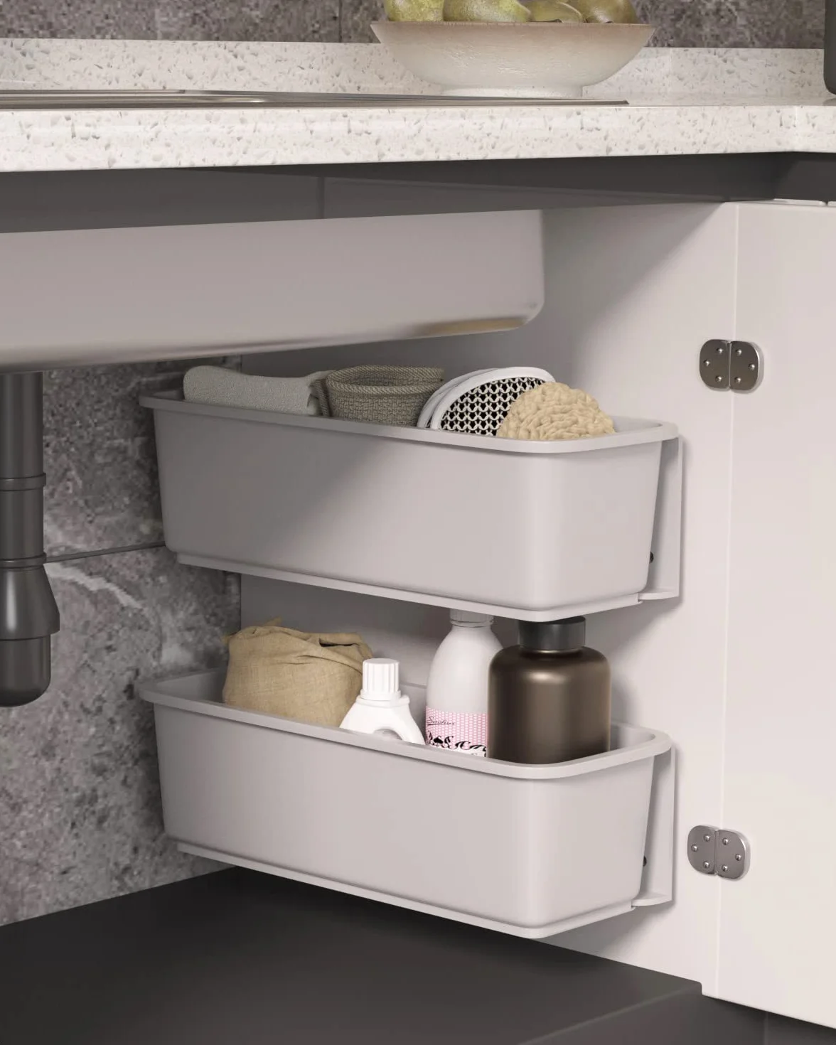 Baffect 2 pezzi Organizzatore mobile per cestello scorrevole per bagno in cucina, cassetti estraibili sotto organizer per lavandino Cestini scorrevoli fissati a parete per dispensa Doccia (grigio)