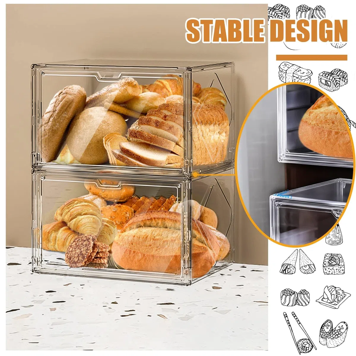 Porta Pane da Cucina Portapane Trasparente con Partizione 50-Carta Forno 8-Etichette Porta Brioches da Bar Vetrinetta Espositiva Porta Fette Biscottate (wu-mbh-transparent-h)