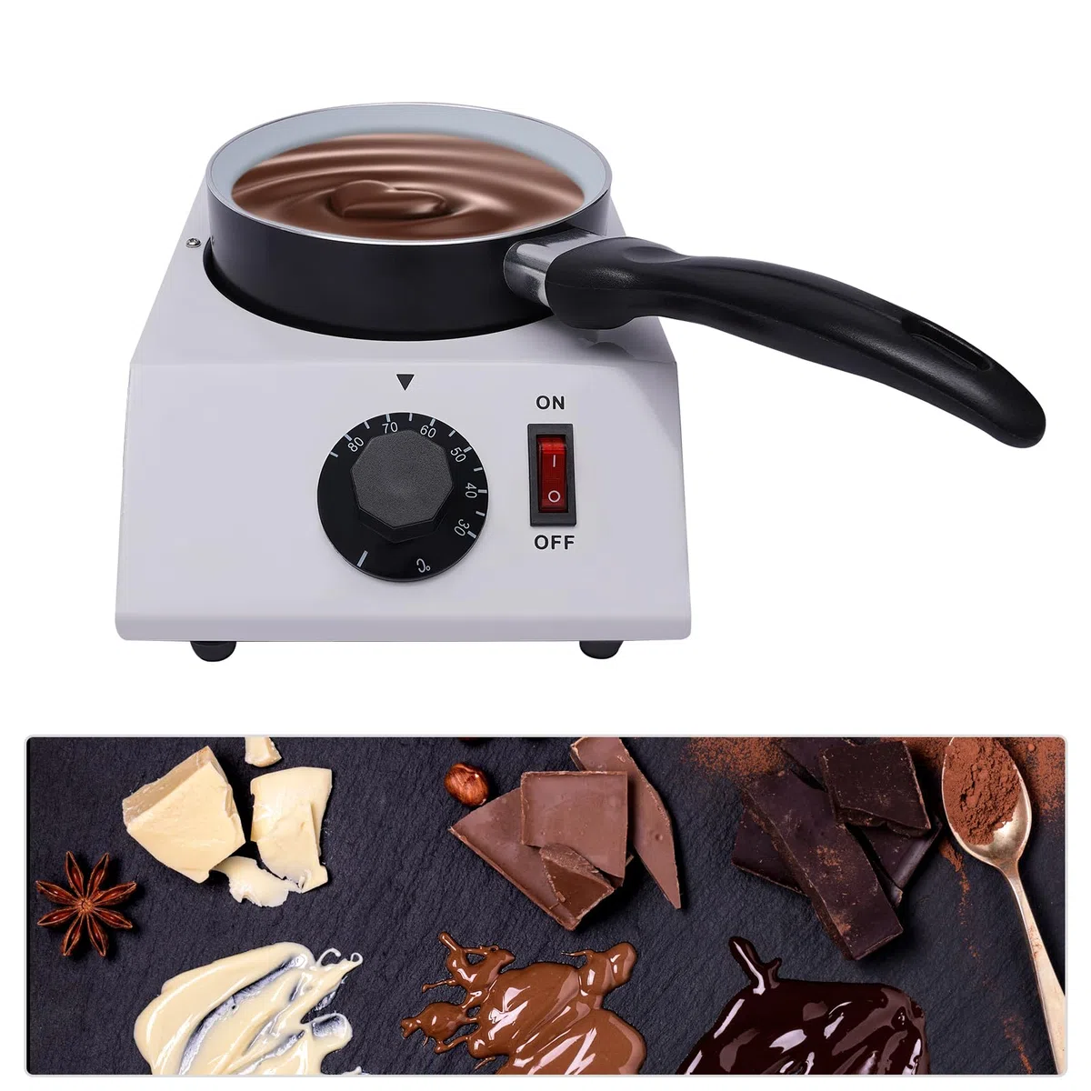 Fungitore elettrico di cioccolato, 40 W, per fusione di cioccolato, termosifone e top antiaderente per la cottura della busta