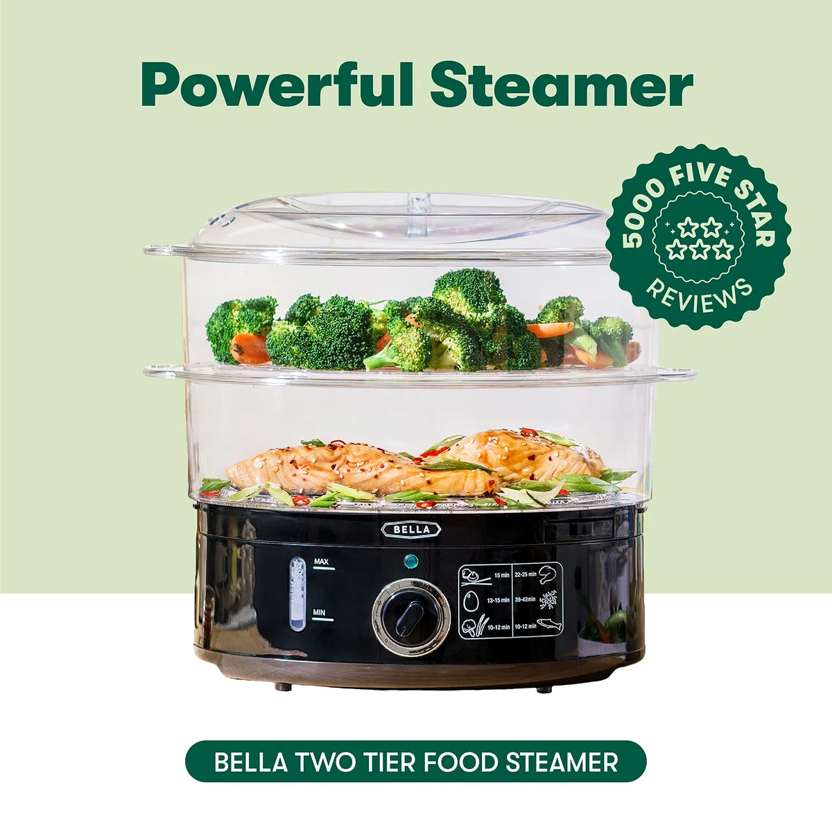 BELLA Vaporiera a due livelli, cottura simultanea sana, veloce e veloce, cestini impilabili per verdure o carne, vassoio per riso/cereali, spegnimento automatico e protezione a secco bollente, 7,4 QT