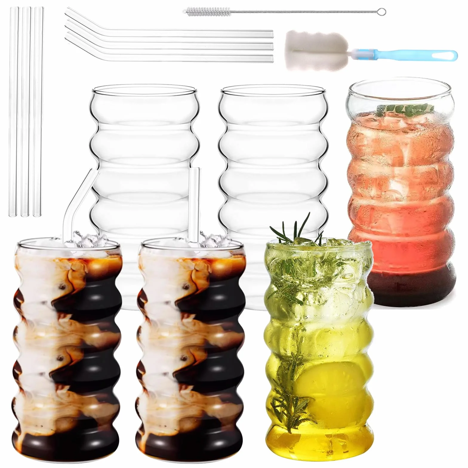 6 bicchieri a bolle da 450 ml, bicchieri da caffè con cannucce di vetro, bicchieri da caffè con pennello, bicchieri da caffè, bicchieri da caffè, bicchieri da acqua e bevande