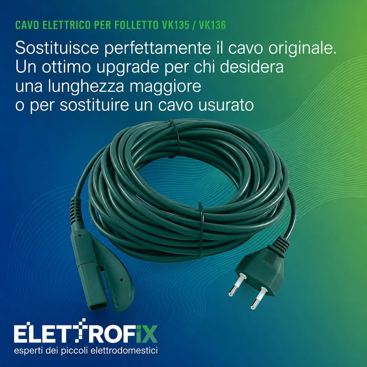 Cavo Folletto VK 135/136 ORIGINALE - 10 METRI - Filo Folletto VK 135/136 - Ricambio Alimentazione Scopa Elettrica - Facile Montaggio - Resistente e con Spina Italiana