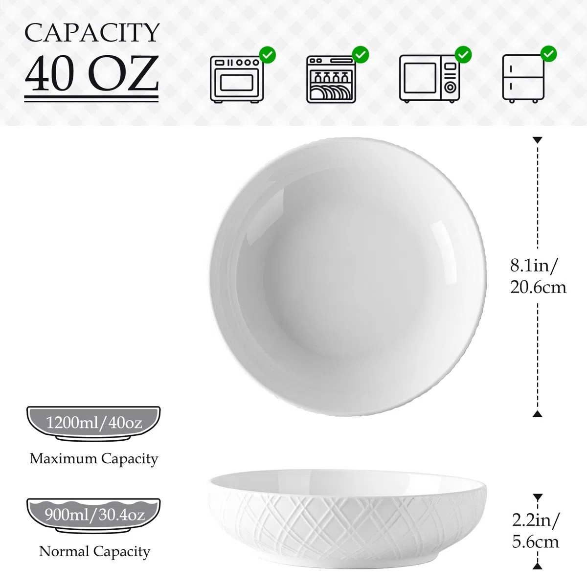 NUTRIUPS 20.6cm Set di 4 Ciotole per Pasta, 1200ML Ciotole per Cena Bianche, Ciotole per Pasta Profonde in Ceramica, Ciotole per Insalata - Sicure per Microonde e Lavastoviglie