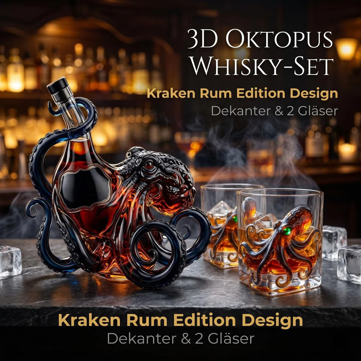 Set Whisky Polpo 3D | Decanter con 2 Bicchieri, Caraffa per Whisky Rum Bourbon Cocktail, Idea Regalo Originale per Uomini e Appassionati di Bar