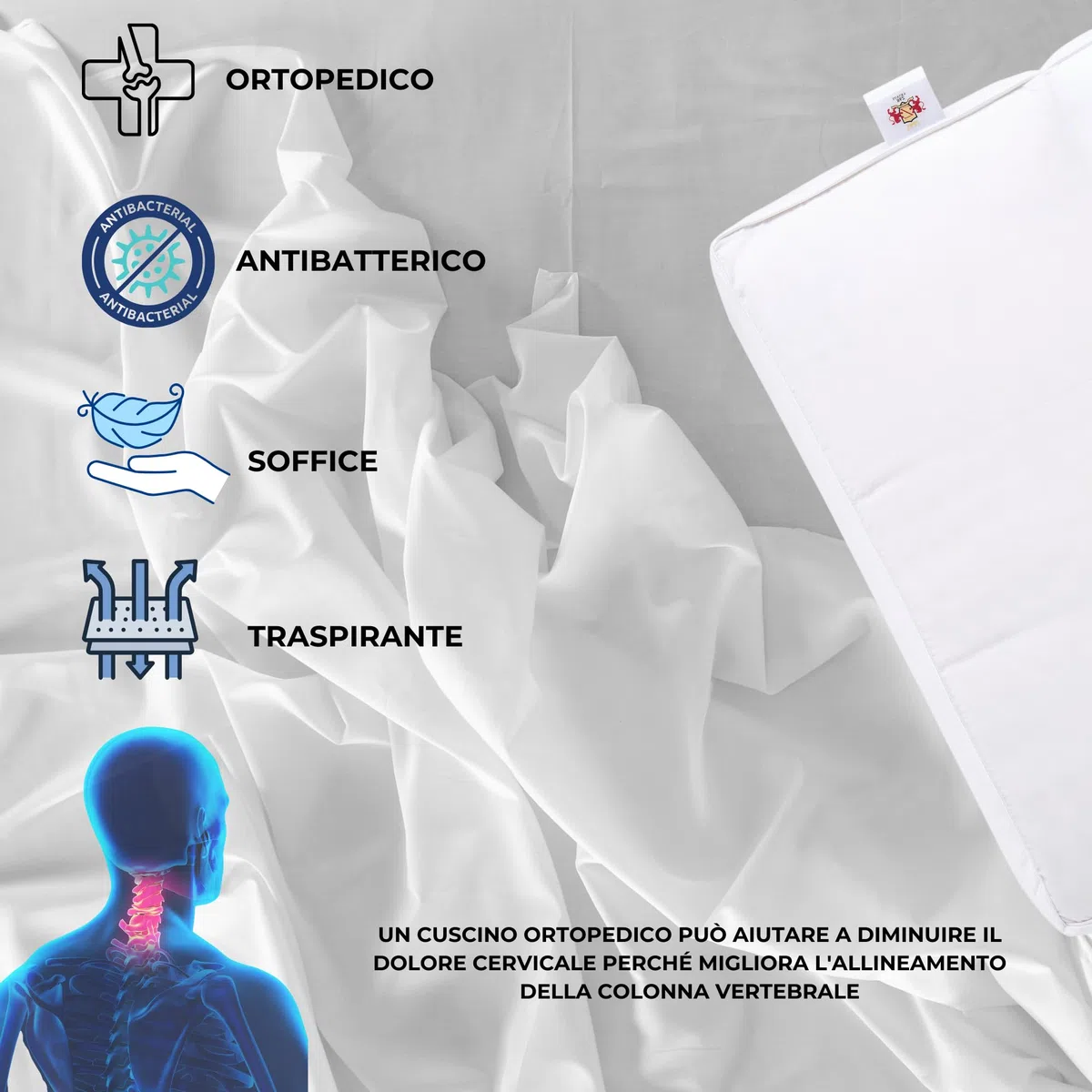 B&Z Luxury Cuscino per Cervicale 60x40x12 cm 30% Piumino d’Oca + 70% Fibra HCS, Guanciale con Doppio Lato Morbido e Rigido, Supporto Ergonomico per Fianco e Schiena, Traspirante | Dispositivo Medico