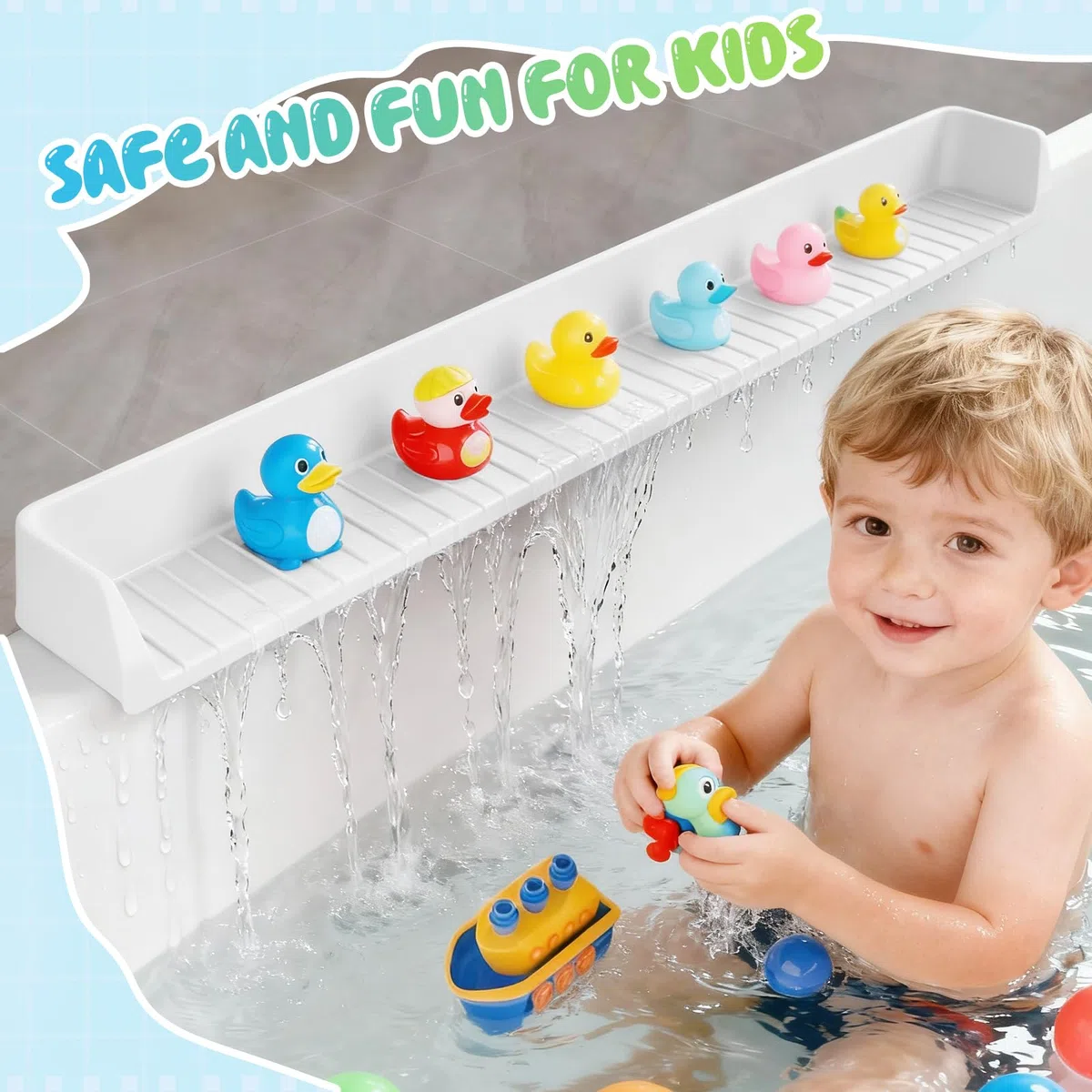 Dreamtop Paraspruzzi per vasca da bagno, mensola da gioco per vasca da bagno, vassoio per giocattoli per vasca, paraspruzzi in silicone previene fuoriuscite d'acqua in bagno (bianco)