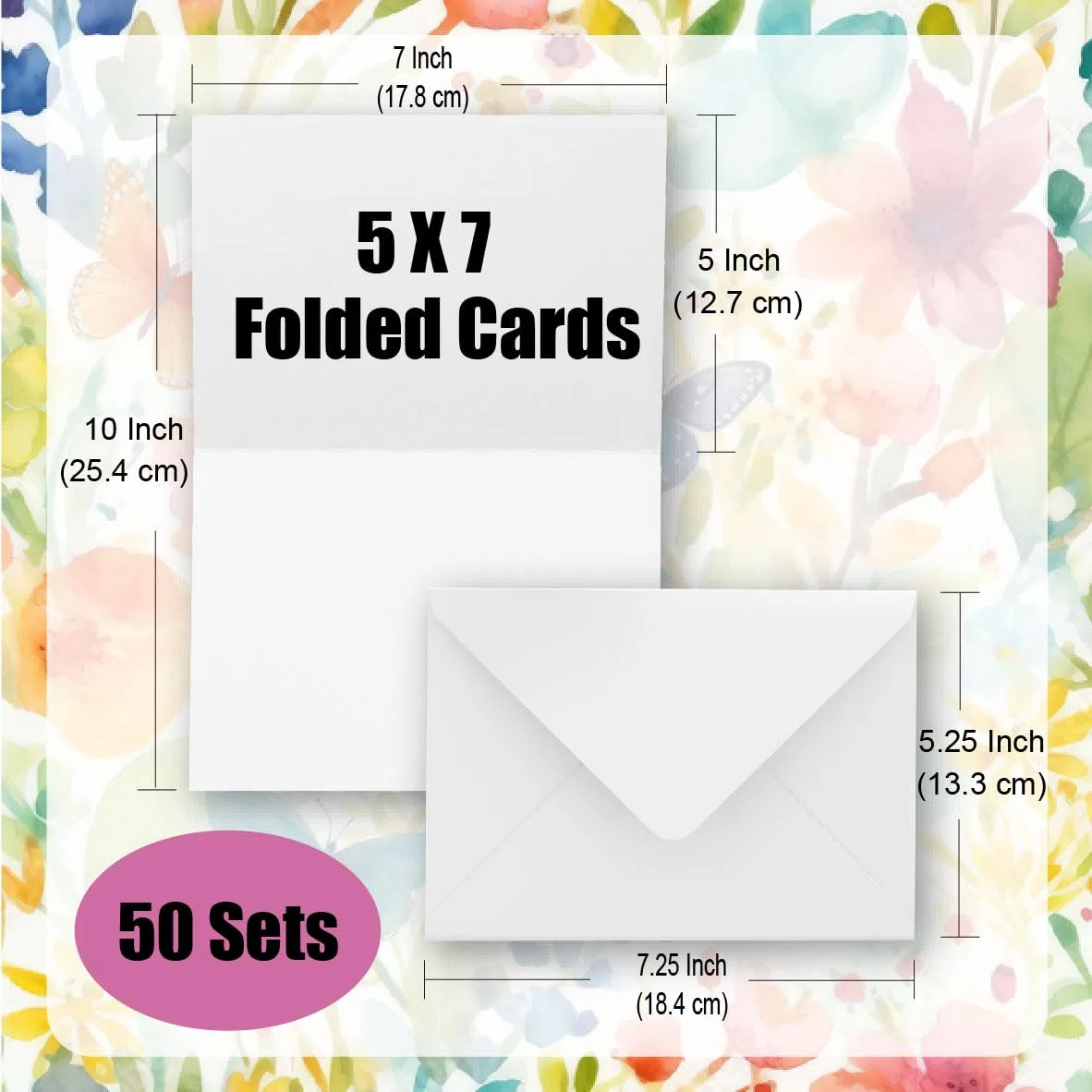 Confezione da 50 biglietti bianchi ad acquerello con buste, peso massimo 63,5 kg, 100% cotone, pieghevoli, 12,7 x 17,8 cm, per dipingere o realizzare biglietti