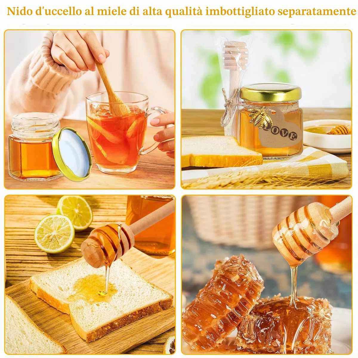 30 pezzi Mini Vasetti Miele,esagonale vasetti di vetro miele da 45ml con coperchio a vite,Mini Vasetti per Miele Esagonali coperchi dorati,pendenti a forma di ape