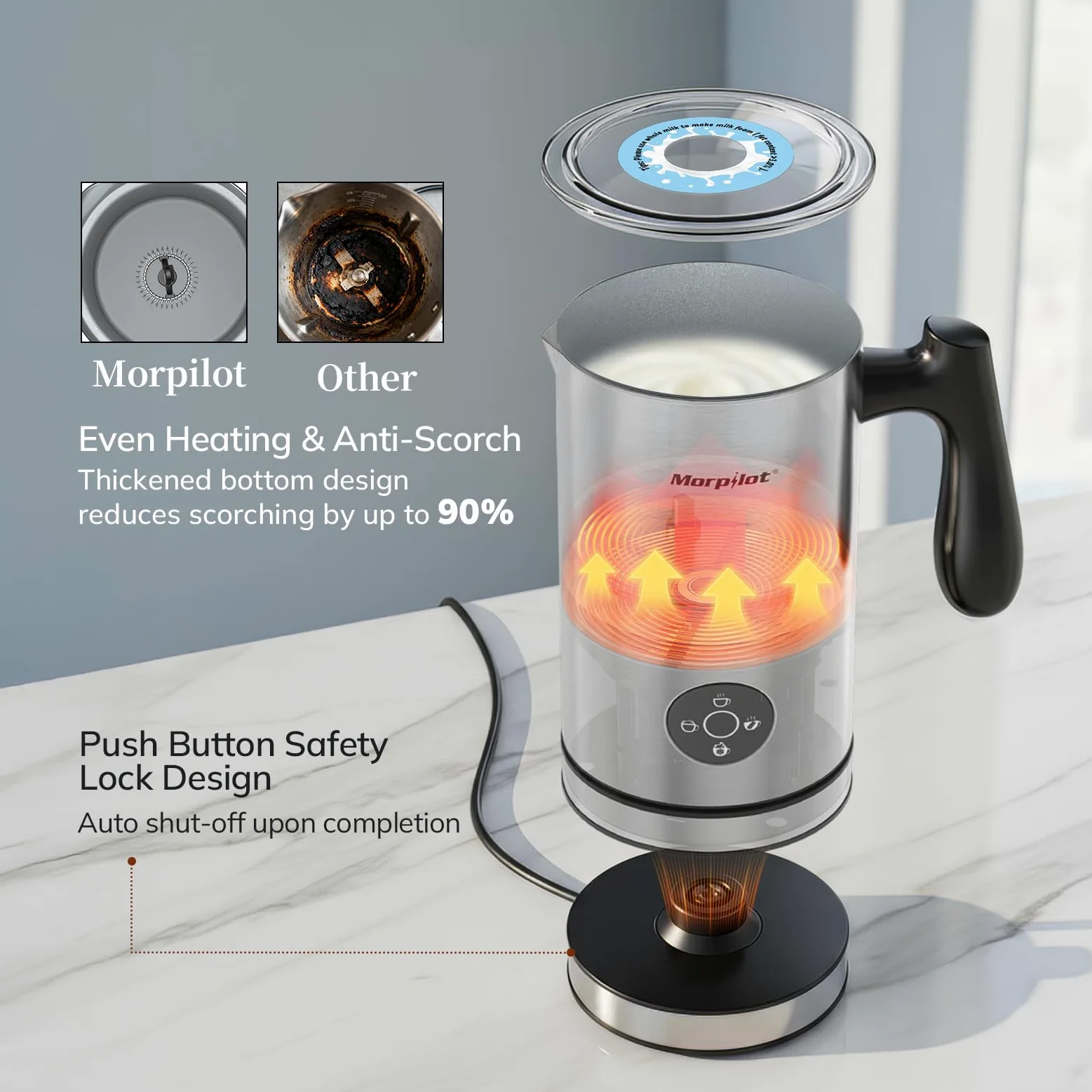 Morpilot Montalate Elettrico, Milk Frother per Cappuccino e Hot Cocoa, Cappuccinatore Elettrico, Capacità 300ml, Acciaio Inossidabile di Alta Qualità