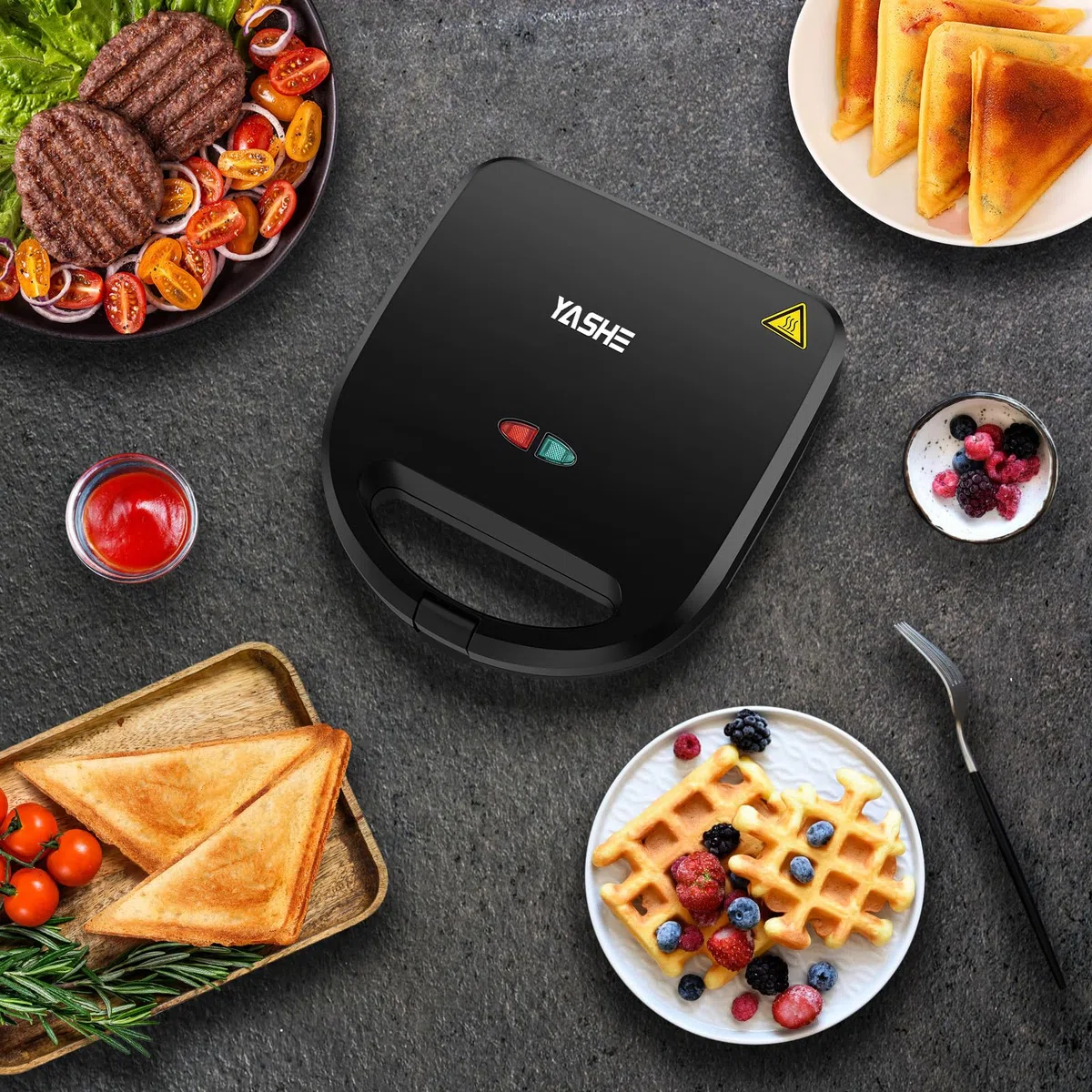 YASHE Sandwich Maker 3 in 1, Piastra per Panini, Tostapane Piastra per Toast, Waffle, Piastre Antiaderenti Rimovibili, 750W Sandwich Tostapane, Controllo Automatico Della Temperatura, Senza BPA