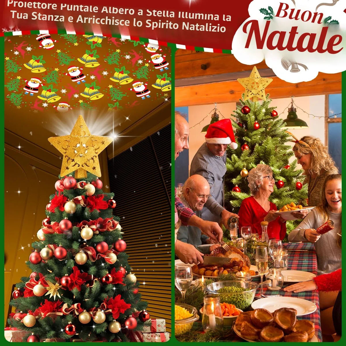 Puntale Stella Albero di Natale, Punta dell'Albero con Proiettore LED Rotante Incorporato, Tree Topper, Stella Albero Superiore, Cima dell'Albero a Stella Decorazione per l'albero di Natale