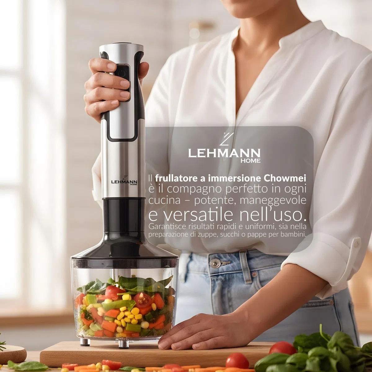 LEHMANN Chowmei Frullatore a Immersione 1200 W, Set 5-in-1 con Frusta, Sbattitore, Tritatutto 600 ml, Misurino 860 ml, Regolazione Velocità a 8 Livelli, Funzione Turbo, Senza BPA, Argento