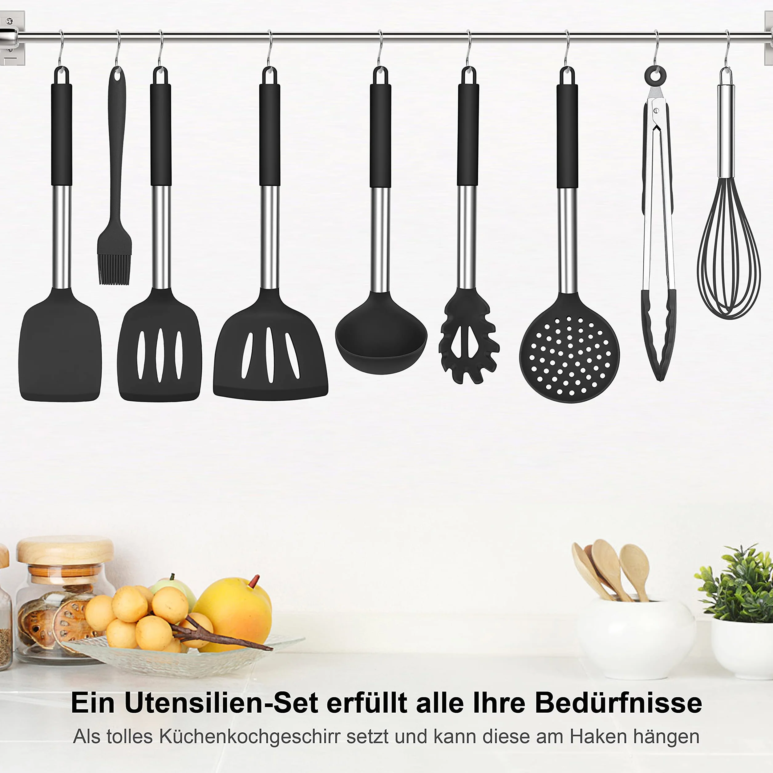 Herogo Set di 25 utensili da cucina in silicone con supporto, set di posate da cucina resistenti al calore, con manico in acciaio inox, antiaderente, set da cucina, contenitore, nero