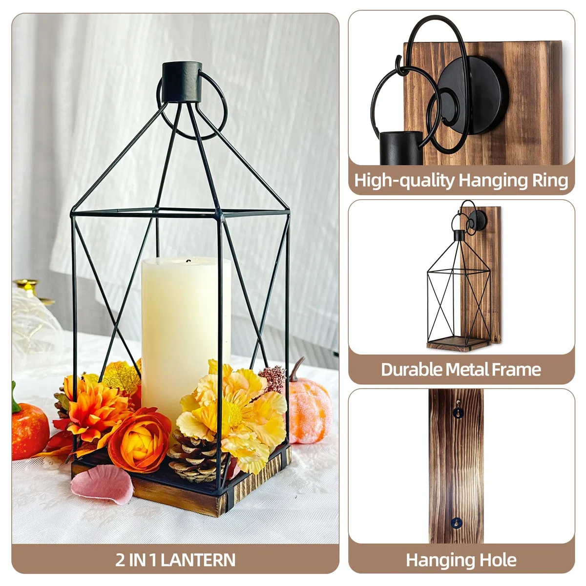 Portacandele da parete in legno, set da 2 lanterne da 40 cm, decorazione da parete, marrone, per soggiorno, corridoio, camino, da parete