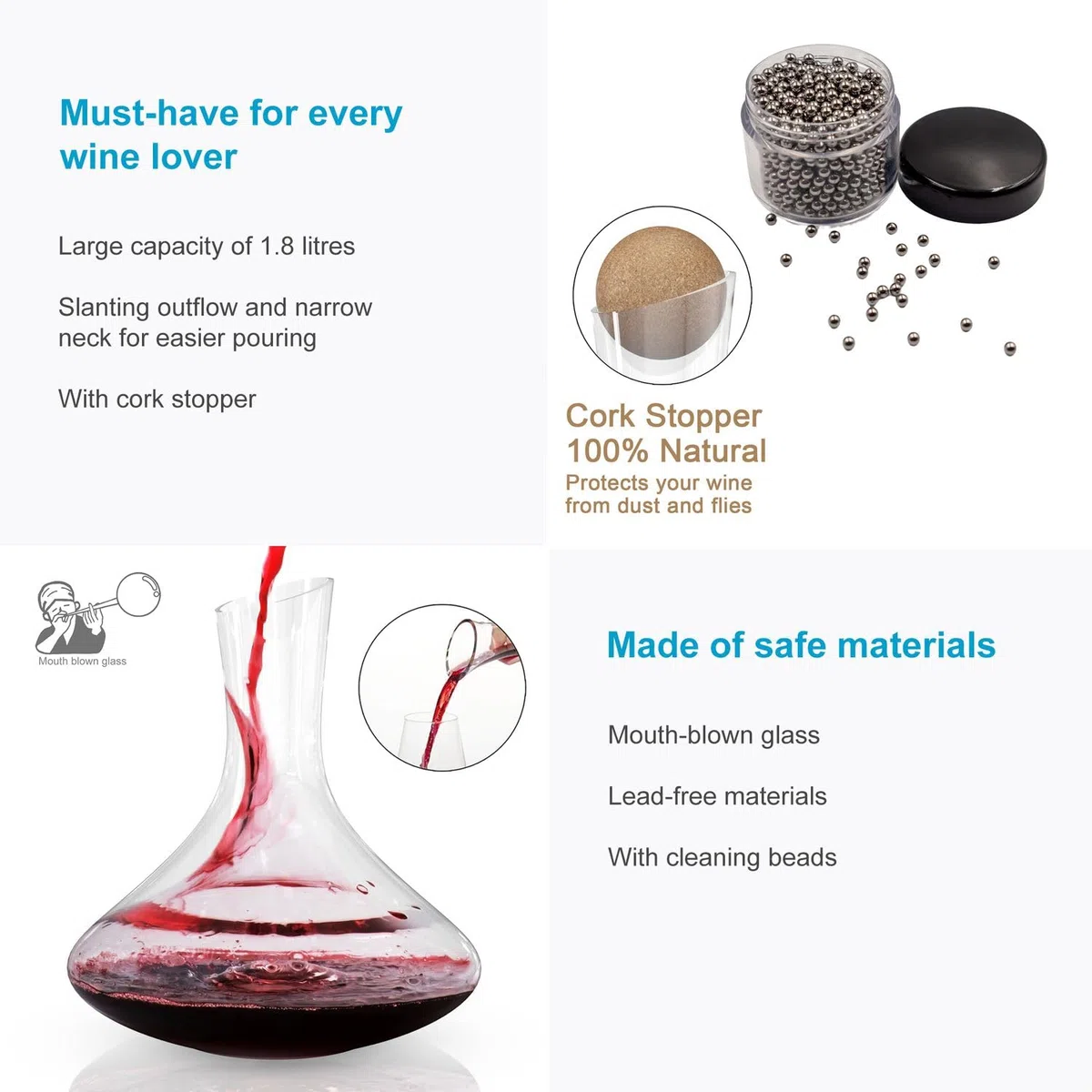 Intirilife caraffa in vetro da 1,8 litri per vino rosso con perle di pulizia - Capacità decanter 750ml - Decanter in vetro cristallo senza piombo Aeratore per vino soffiato a bocca Caraffa per vino