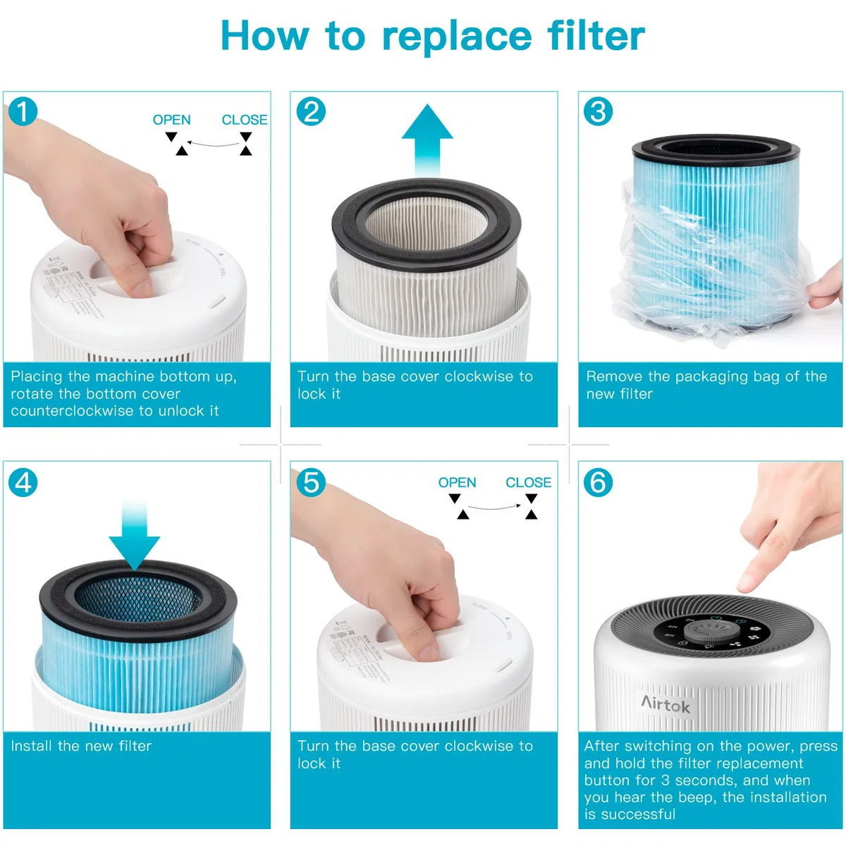 Airtok H13 Filtro di ricambio HEPA, carbone attivo ad alta efficienza, adatto al purificatore d'aria AP0601, rimuove polline, polvere, forfora di animali e altri allergeni