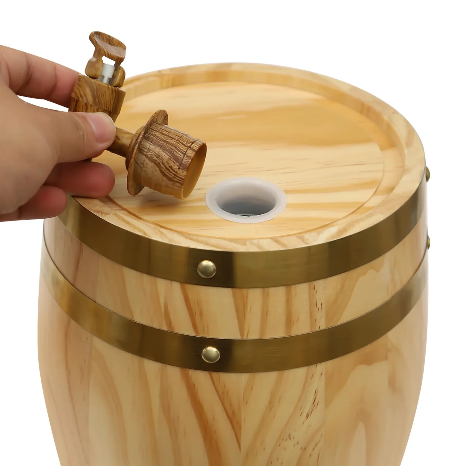 Botte in legno di pino da 5 l, con supporto e rubinetto, botte di legno originale per vino, whisky e grappa, barile decorativo per casa, bar e hotel, design ovale, effetto legno naturale