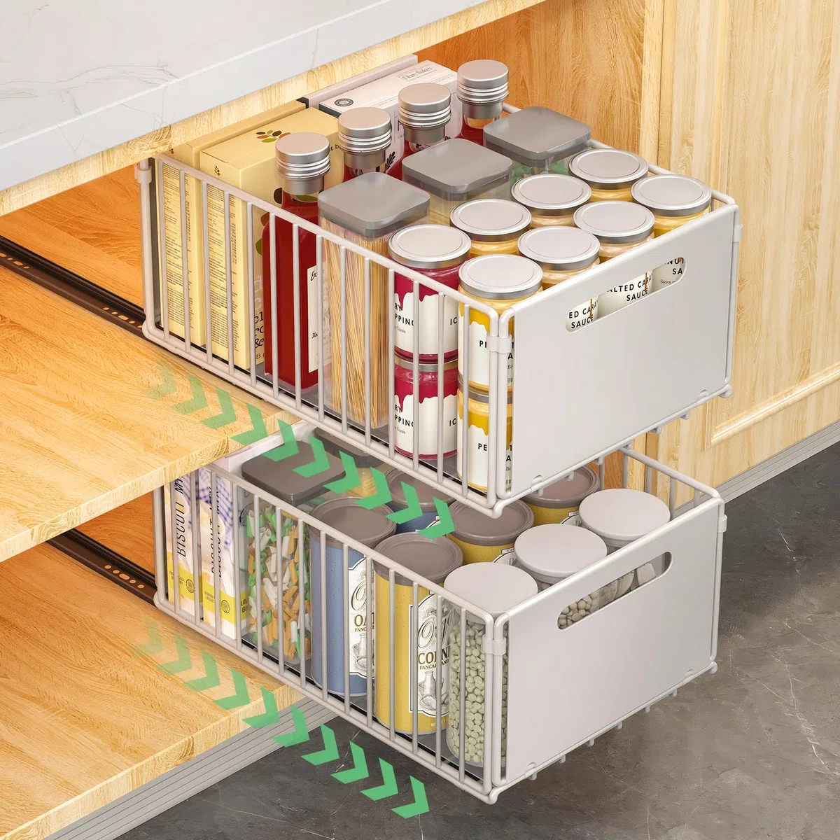 2 Pacchi Cassetti Estraibili per Cucina, Cassetti Estraibili con Adesivo, Organizer Per Mobili da Cucina Per Mobili da Cucina, Cassetto Estraibile Cucina, Senza Foratura Chiodatura