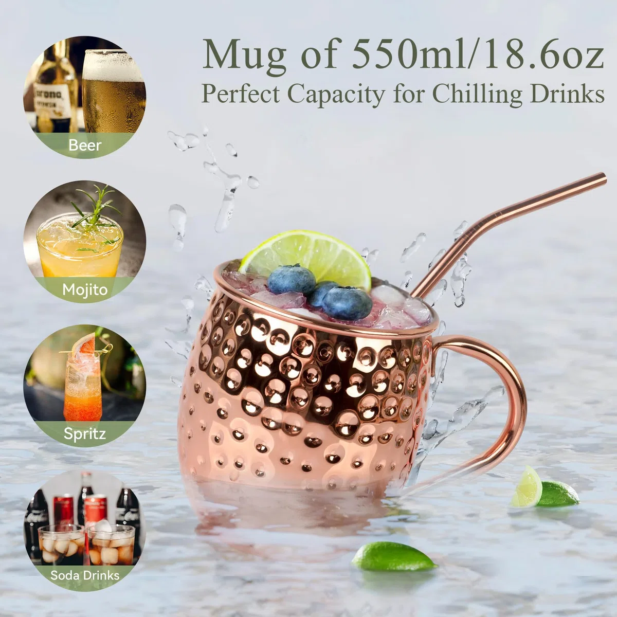 Bicchieri Moscow Mule Rame,Set di 4 Tazze Moscow Mule,Boccali Placcati Rame Fatto a Mano in Acciaio Inossidabile 550ml,Bicchieri Cocktail Mugs con Cannucce Spiedini Mosurino Scovolino