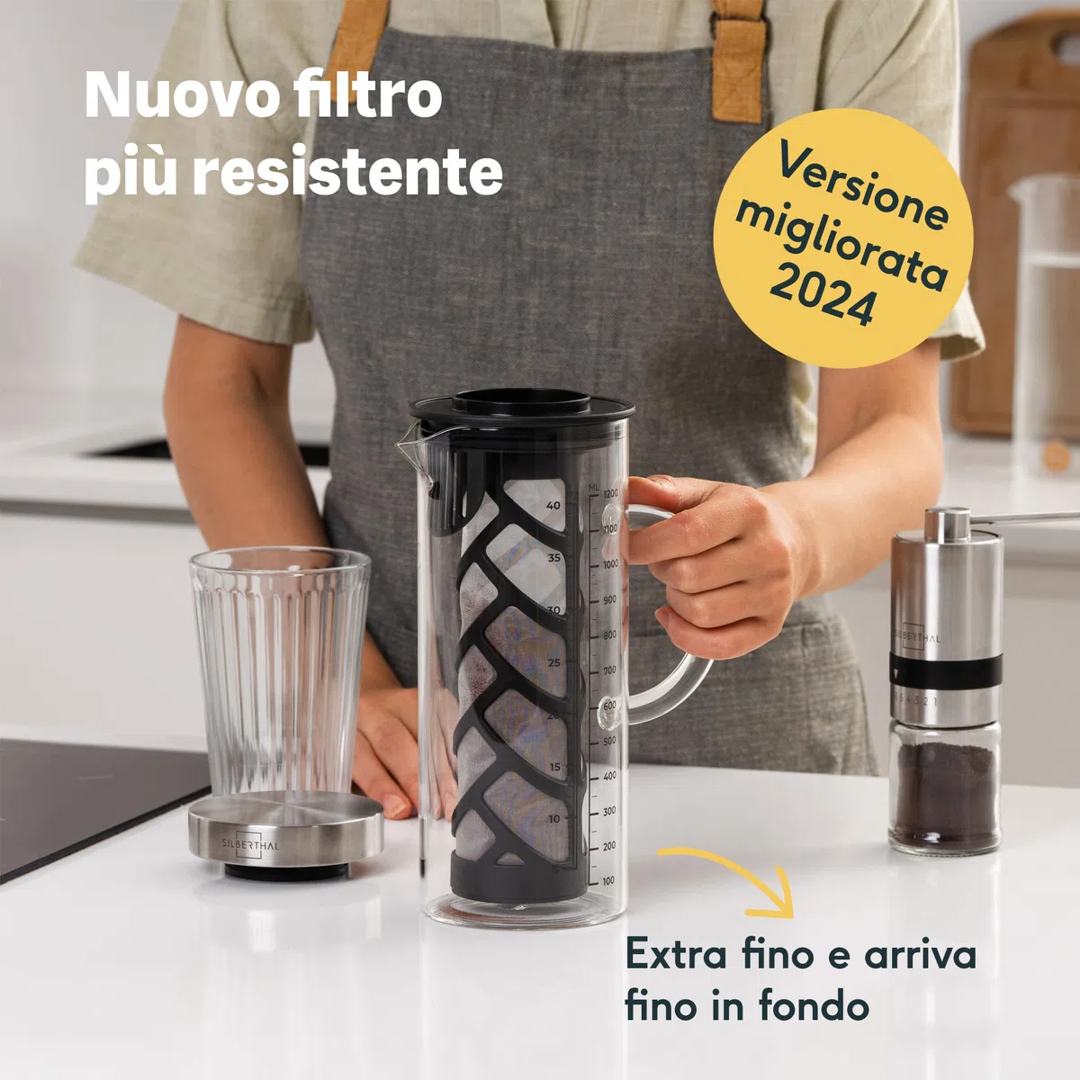 SILBERTHAL Caraffa in vetro e acciaio inossidabile, filtro a maglia fine rimovibile, 1,3 litri, brocca per acqua infusa e fredda Brew e tè ghiacciati