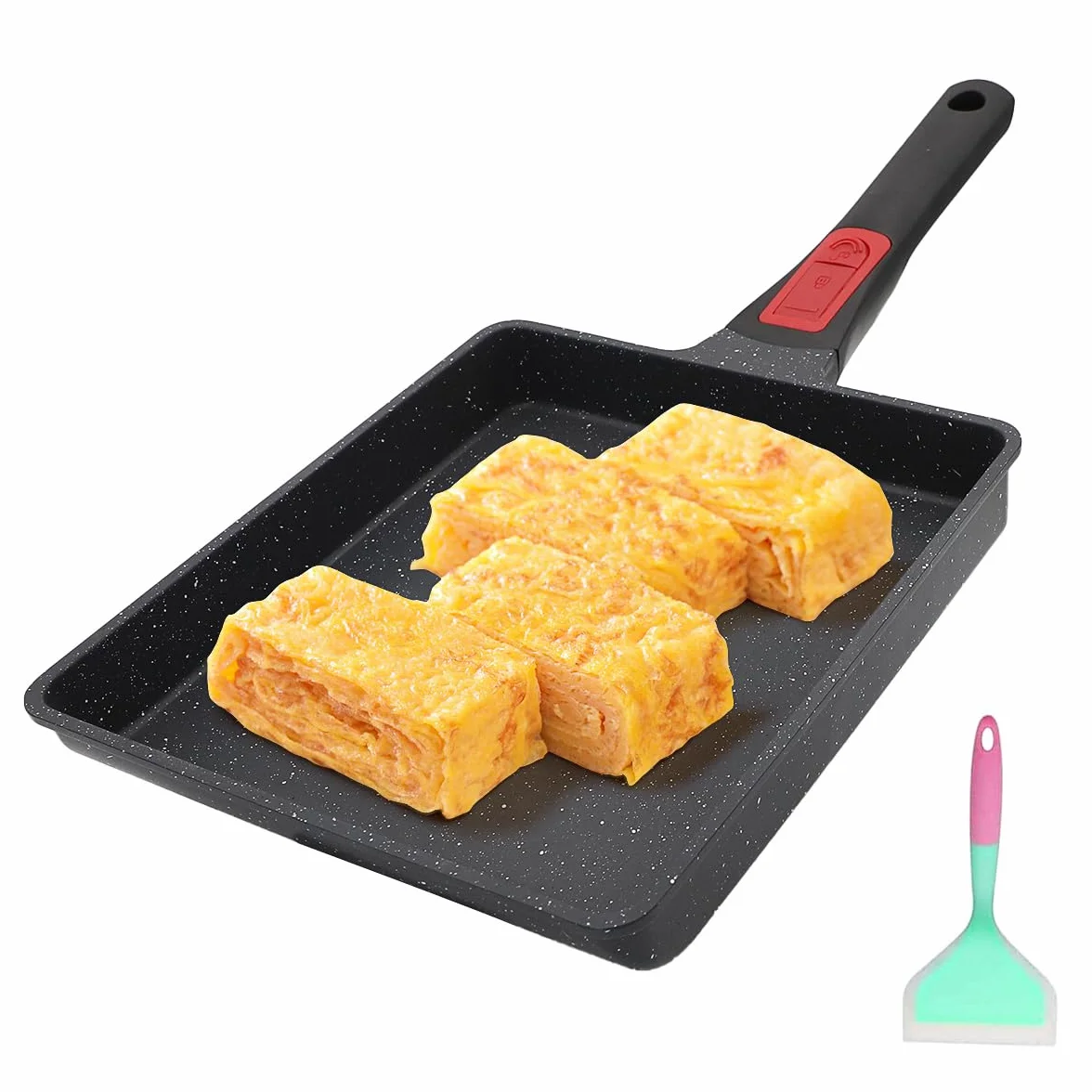 AIKENBBKK Tamagoyaki, padella grande per Omlette giapponese, antiaderente con manico rimovibile, 23 x 21 cm, resistente al forno (nero)