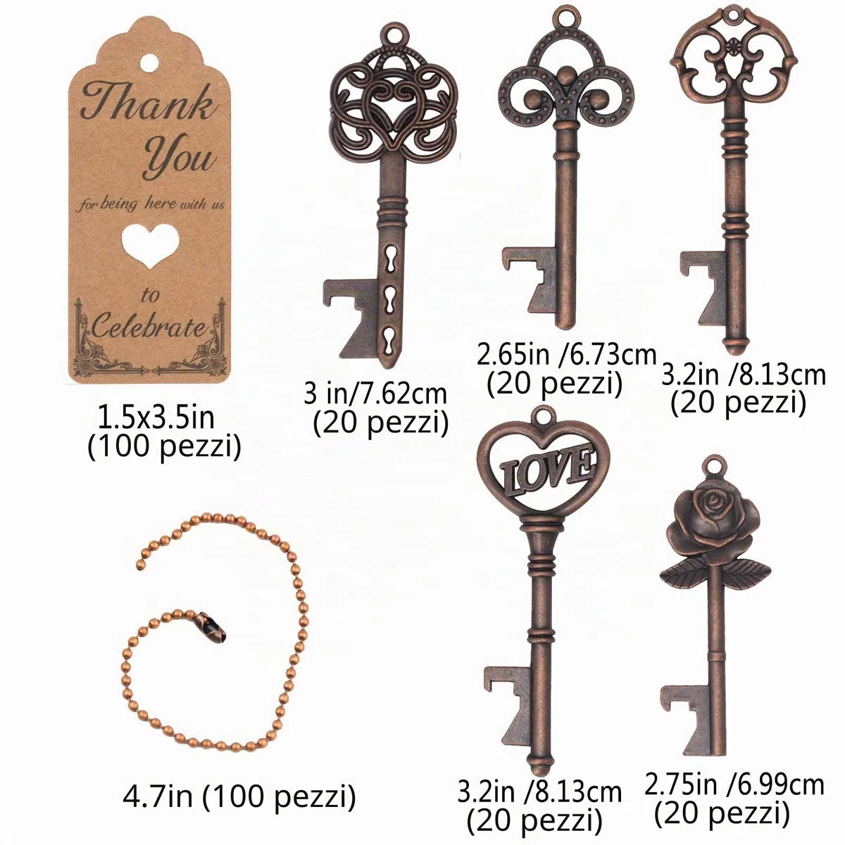 Aokbean 100 Pezzi Chiave Apribottiglie Vintage Portachiavi Matrimonio Bomboniera Anniversario con Biglietto di Ringraziamento e Catenina per Compleanno, Battesimo, Feste, Lauree (rame anticato)