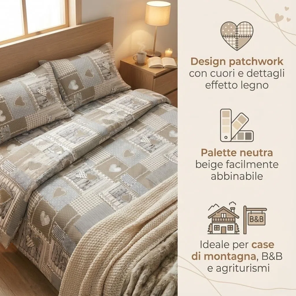 Tex family Copripiumino Tirolese Cuori “Aprica” Beige – Cotone 100% Artigianale Made in Italy - Cm. 155X200