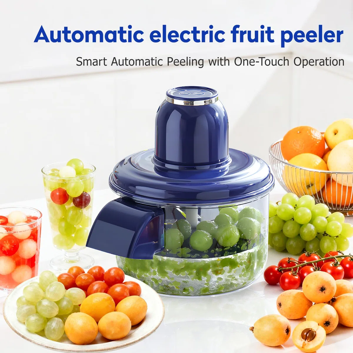 Pelapatate elettrico automatico automatico dell'aglio, USB Recahrgeable, strumento multifunzione piccolo pelapatate per uva, ciliegie, pomodori (Bleu)