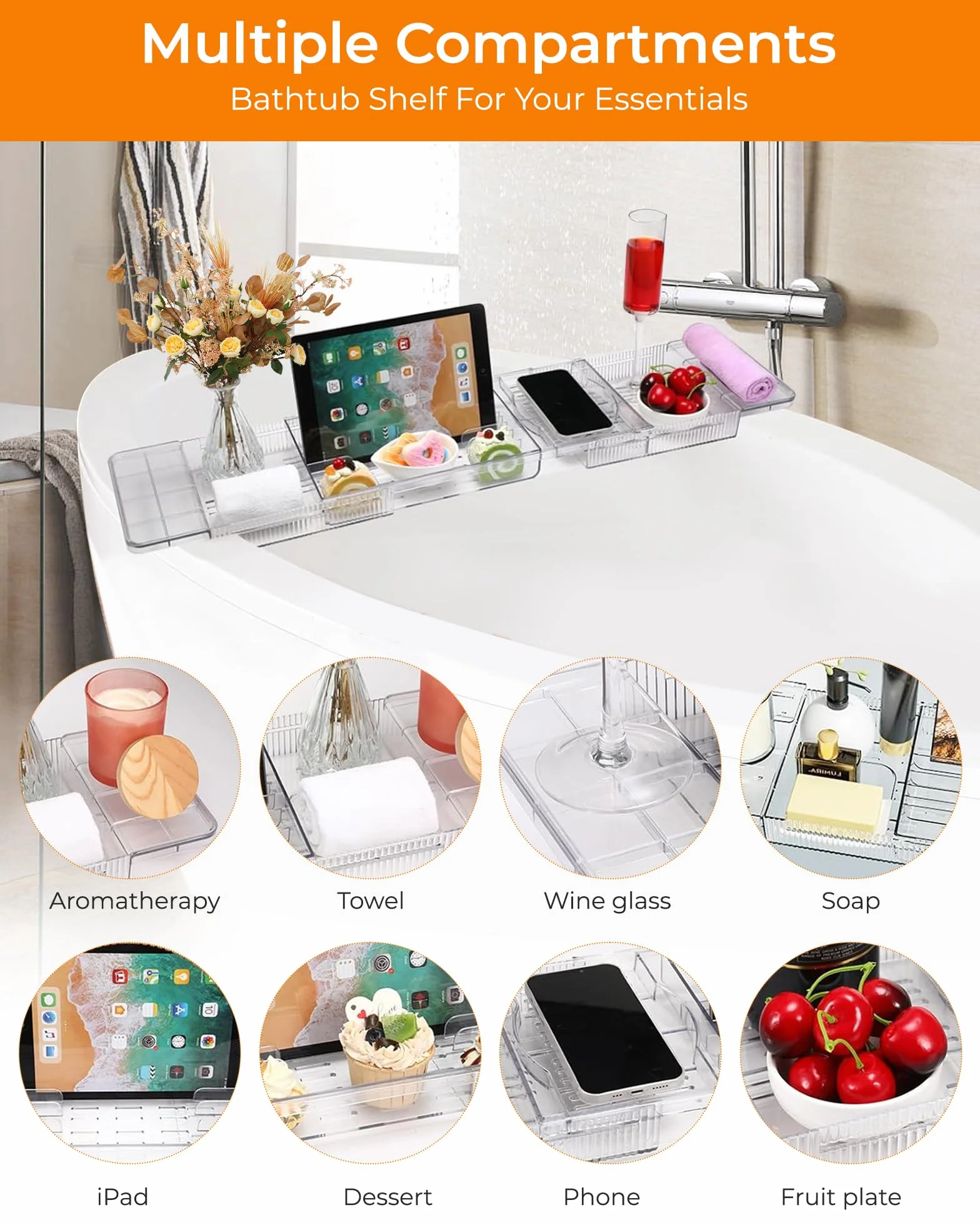Vassoio Vasca da Bagno in Acrilico, Regolabile per Vassoio da Bagno Portaoggetti, Mensola Vasca da Bagno per Contenere Libro, Ipad, Telefono, Bicchiere, Candela, Accessori Vasca da Bagno Trasparente