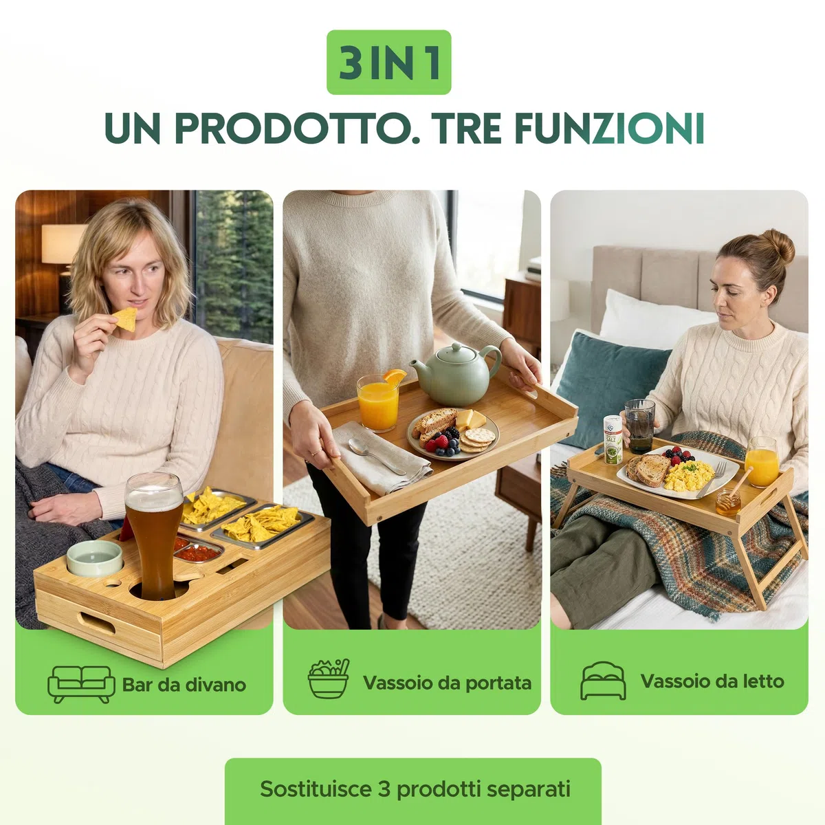 naturlik Vassoio da Divano 3 in 1 con Gambe Pieghevoli in Bambù – Portasnack XL 46x27,5cm, Tavolino da Letto Porta Laptop – 3 Ciotole Acciaio Inossidabile, Portabicchieri – Soggiorno, Camera da Letto